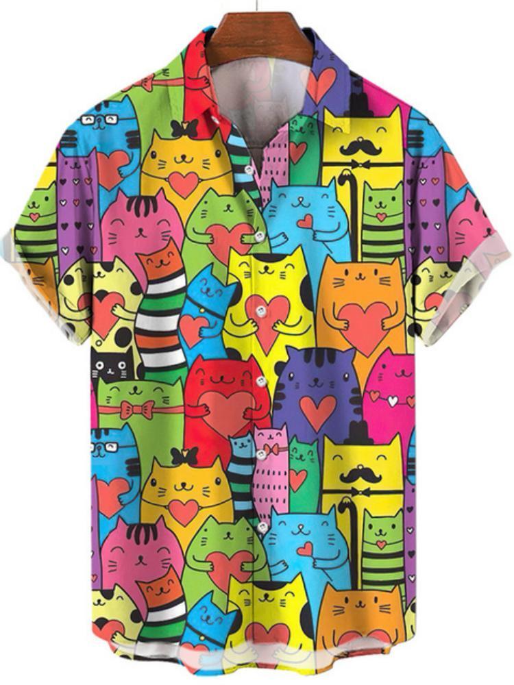 Vintage Hawaiian Floral Shirt - 하와이안 오버사이즈 남성 셔츠, 만화 고양이