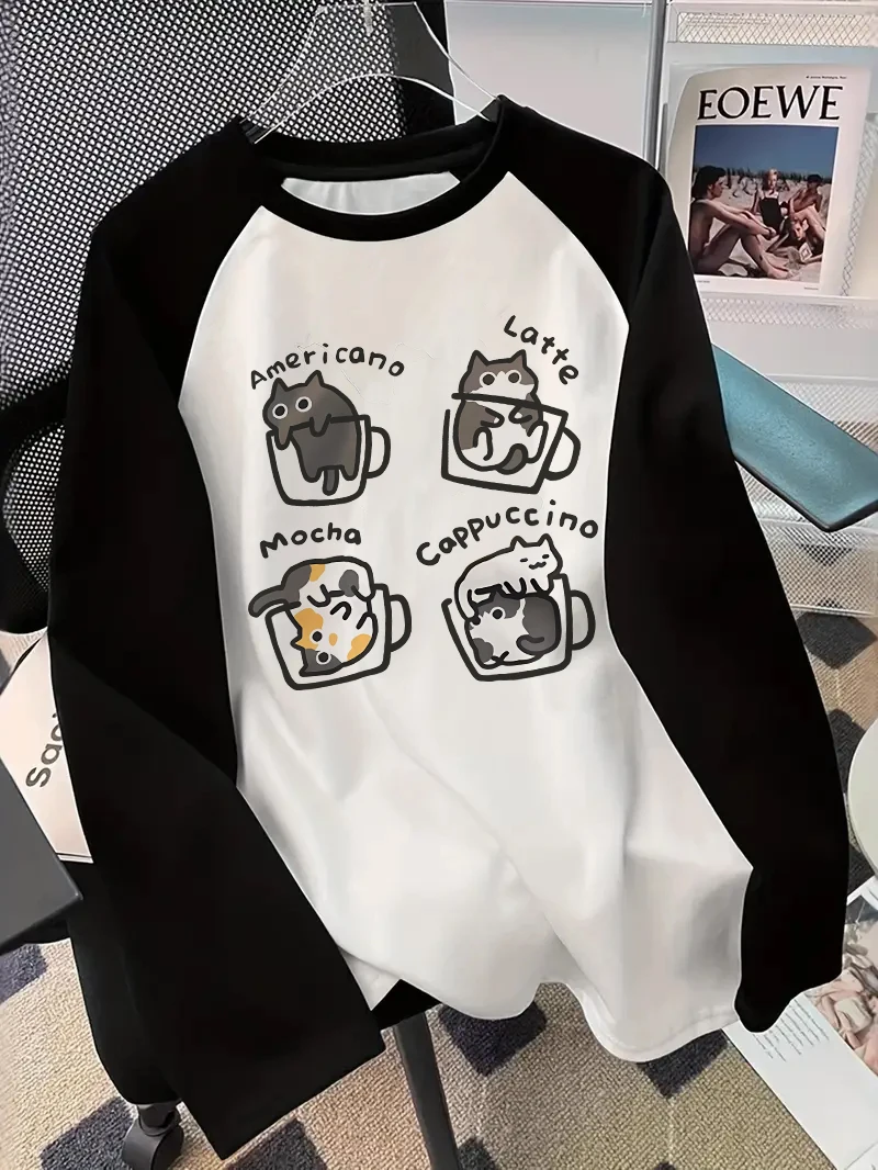 T-Shirts - 커피 고양이 프린트 긴팔 티셔츠, 재미있는