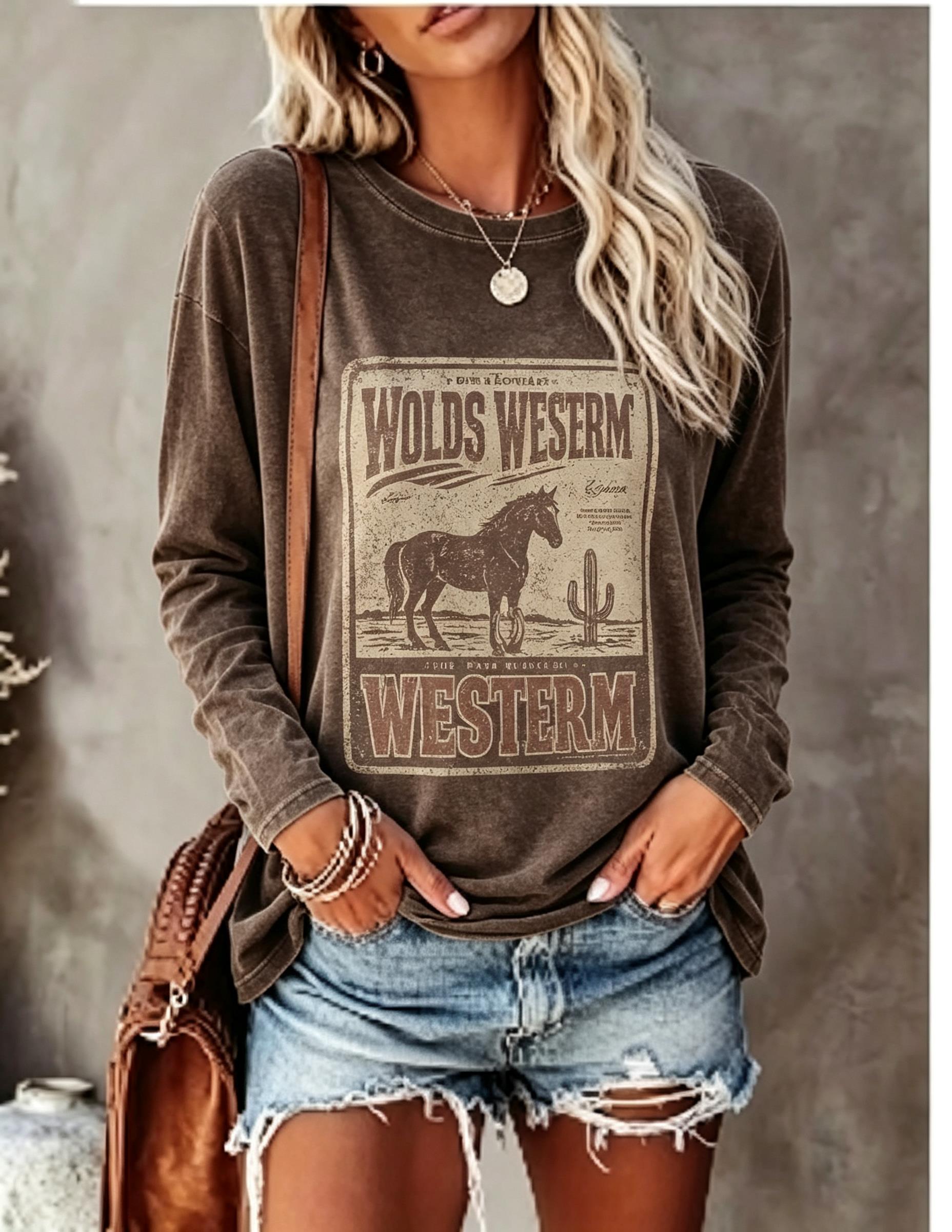 여성용 긴팔 티셔츠, 빈티지 스타일의 서부풍 말과 선인 - T-Shirts 리뷰 및 가격